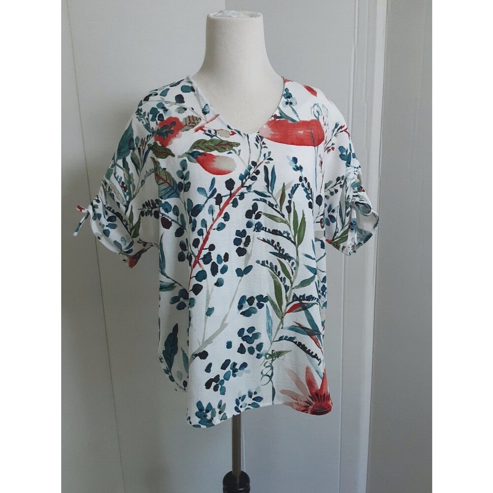 CHICO'S White Botanical Print V-Neck|Drawstring Cap Dolman Sleeves Top Sz 1